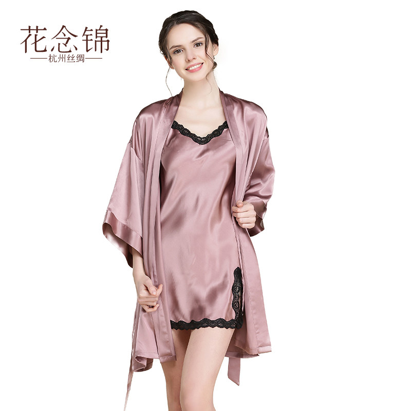 花念锦结婚晨袍女款睡衣 春秋桑蚕丝性感 白色短款睡袍两件套装