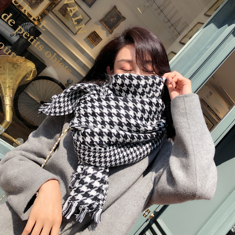 复古千鸟格围巾女秋冬季保暖披肩两用长款经典英伦仿羊绒格子围巾