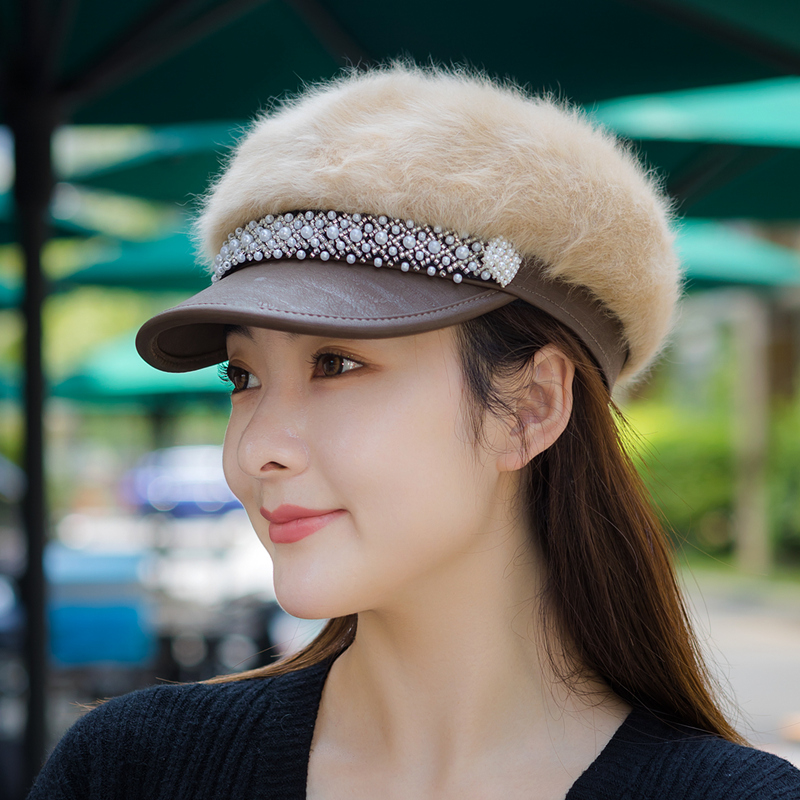 毛线女百搭鸭舌八角贝雷帽兔毛帽