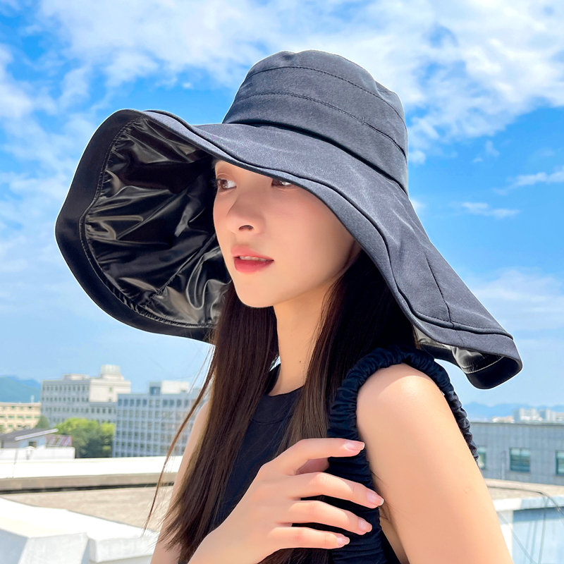 超大帽檐黑胶遮阳防晒帽子女夏天海边度假防紫外线折叠沙滩太阳帽