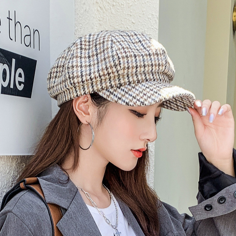 贝雷帽子女士网红ins英伦复古韩版秋冬季日系百搭格子鸭舌八角帽