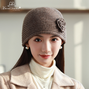 立体花朵包头帽子女秋冬季气质优雅显脸小羊毛保暖帽针织毛线冷帽
