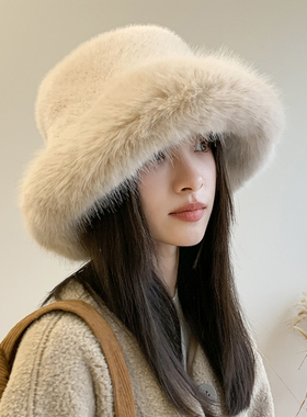 毛茸茸的渔夫帽式面盆帽毛毛皮衬里加厚温暖日式风0123k