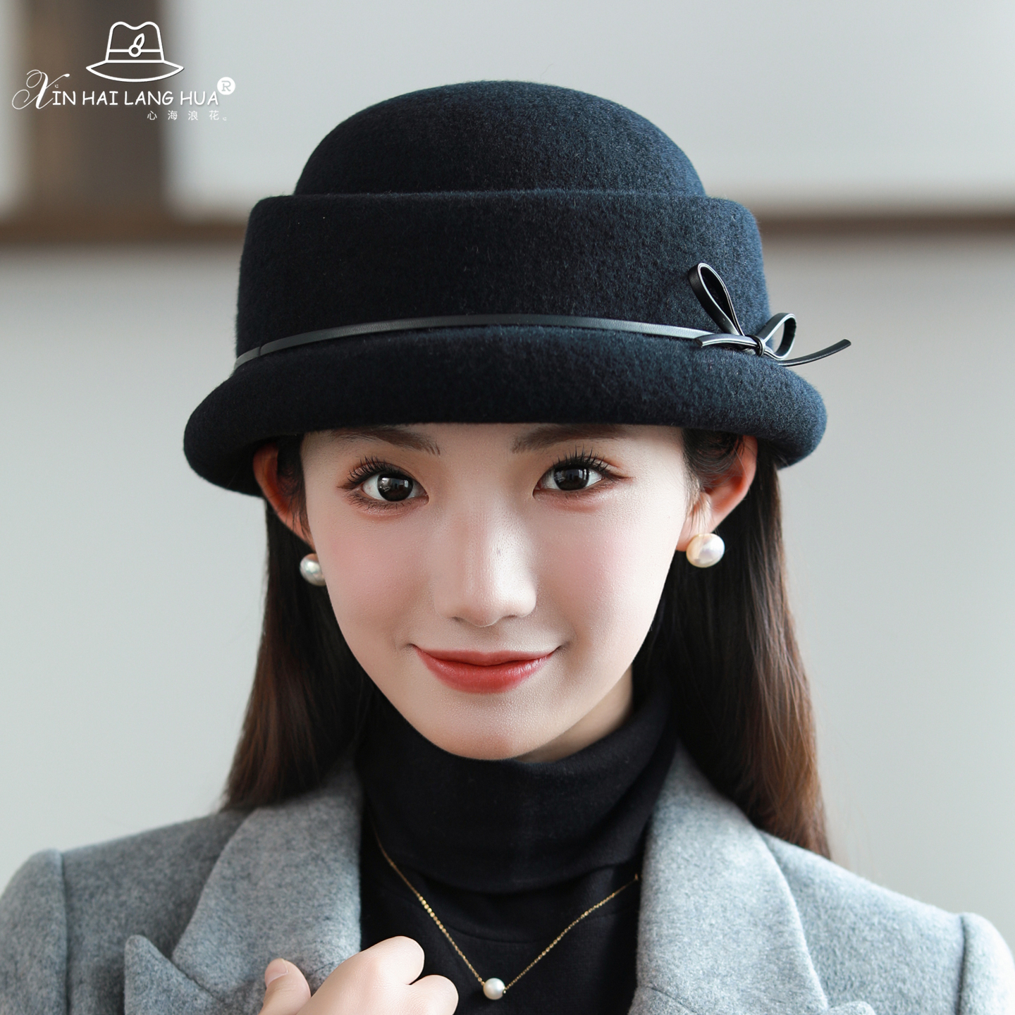 千金礼帽蝴蝶结女秋冬季羊毛呢