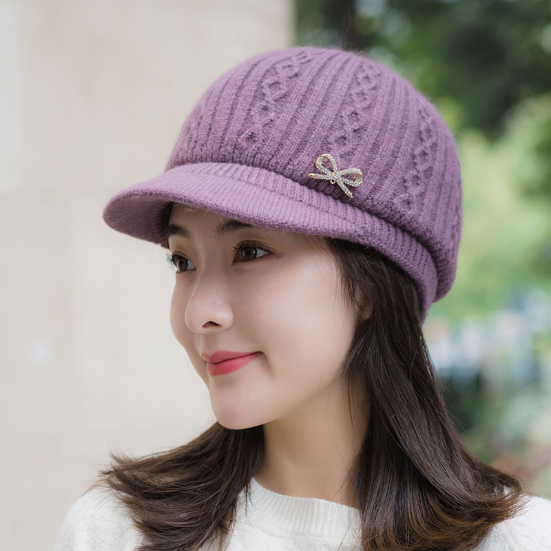 秋冬天女百搭加厚加绒保暖鸭舌针织毛线帽子中老年人帽奶奶妈妈帽