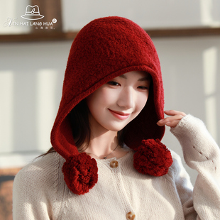 100%羊毛护耳毛线帽子女秋冬保暖克拉法拉针织帽毛球高级感显脸小