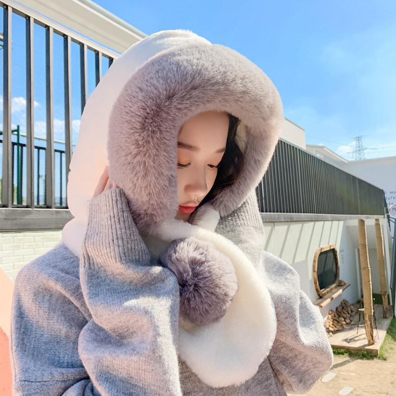 毛绒帽子女冬天韩版学生百搭甜美可爱围脖网红款围巾一体加厚保暖