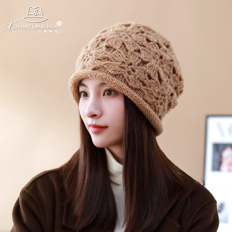 手工勾花堆堆帽子女士秋冬时尚百搭卷边针织毛线帽休闲保暖包头帽