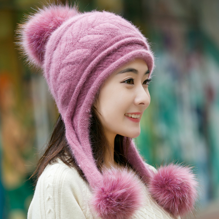 兔毛帽子女冬天户外毛线帽甜美可爱护耳加厚保暖时尚韩版针织帽潮