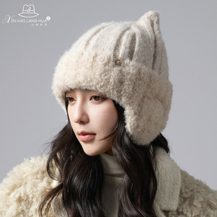 可爱猫耳朵毛线帽子女秋冬季防寒护耳针织保暖帽显脸小百搭包头帽
