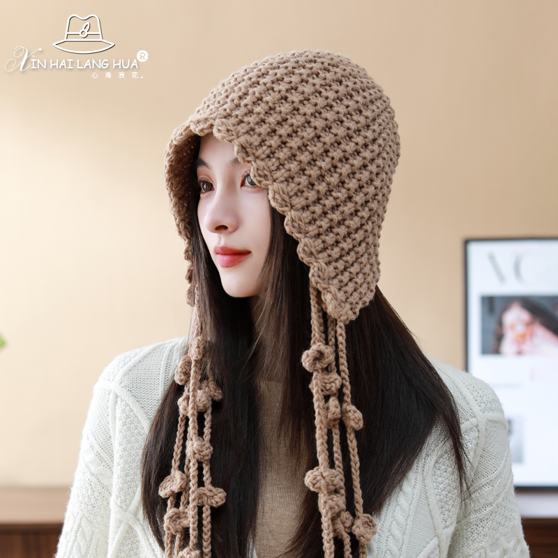 民族风手工编织针织毛线帽子女秋冬季文艺复古时尚流苏球球包头帽