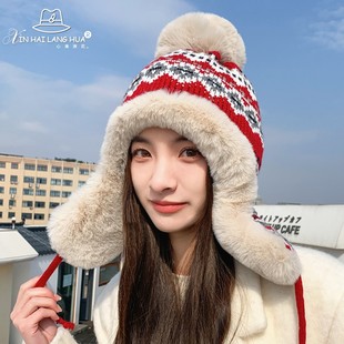加绒加厚雷锋帽子女秋冬季保暖护耳民族风针织毛线帽防寒东北骑车