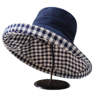 双面格子渔夫帽女春夏天可折叠防晒遮阳大檐太阳帽子遮脸防紫外线