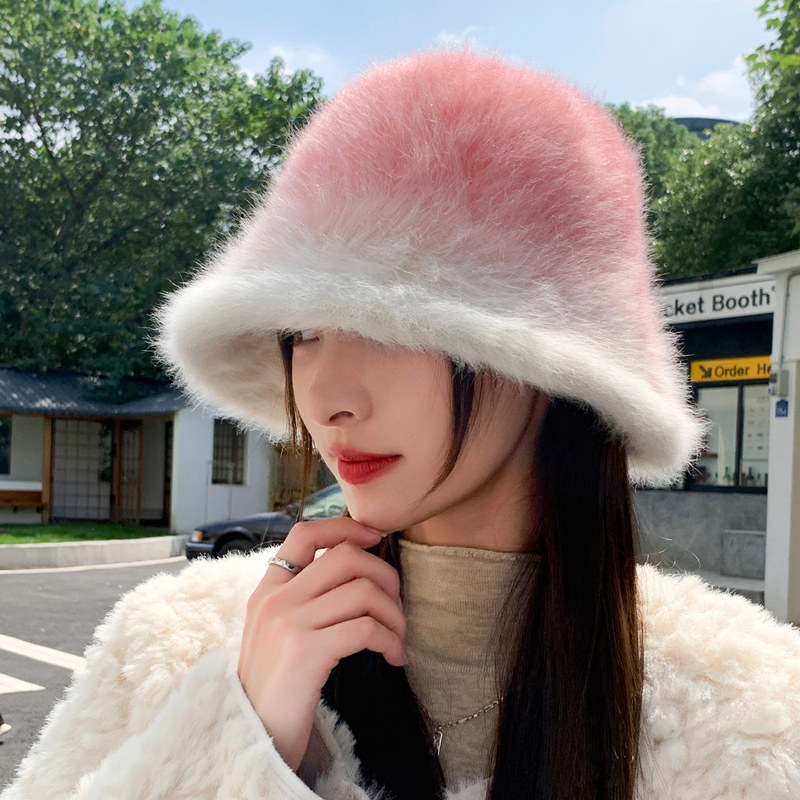 网红新款渐变色兔毛水桶帽子女秋冬季显脸小保暖ins毛绒渔夫帽潮