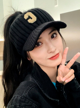 网红字母C空顶针织毛线帽子女秋冬天保暖露马尾辫休闲百搭鸭舌帽