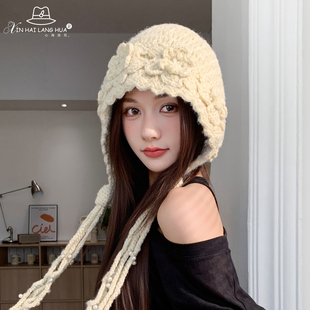 立体花朵手工针织毛线帽女秋冬新系显脸小流苏保暖帽百搭包头帽子
