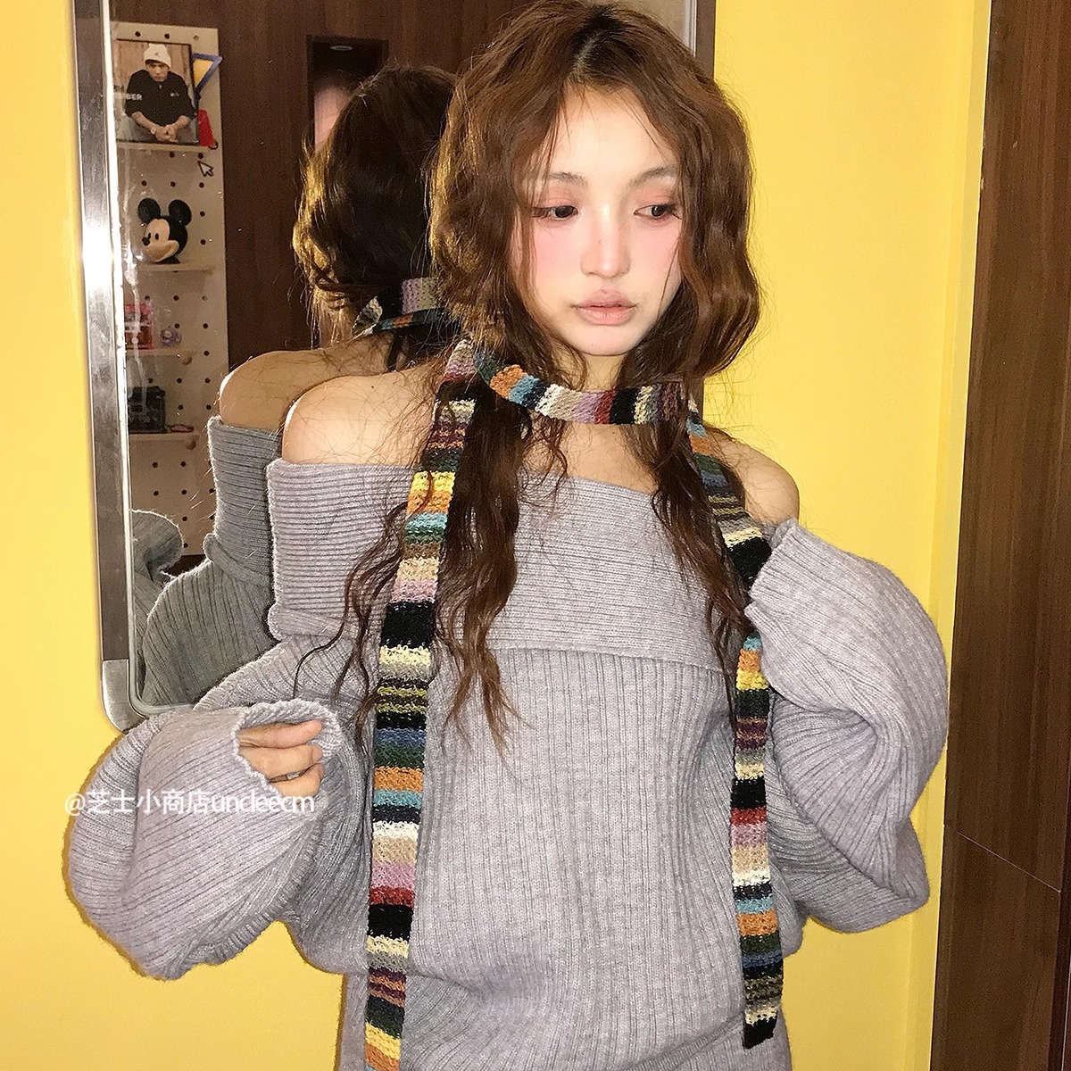 夏季日系复古彩色纯棉条纹细围巾原宿风拼色长条针织辣妹装饰围脖