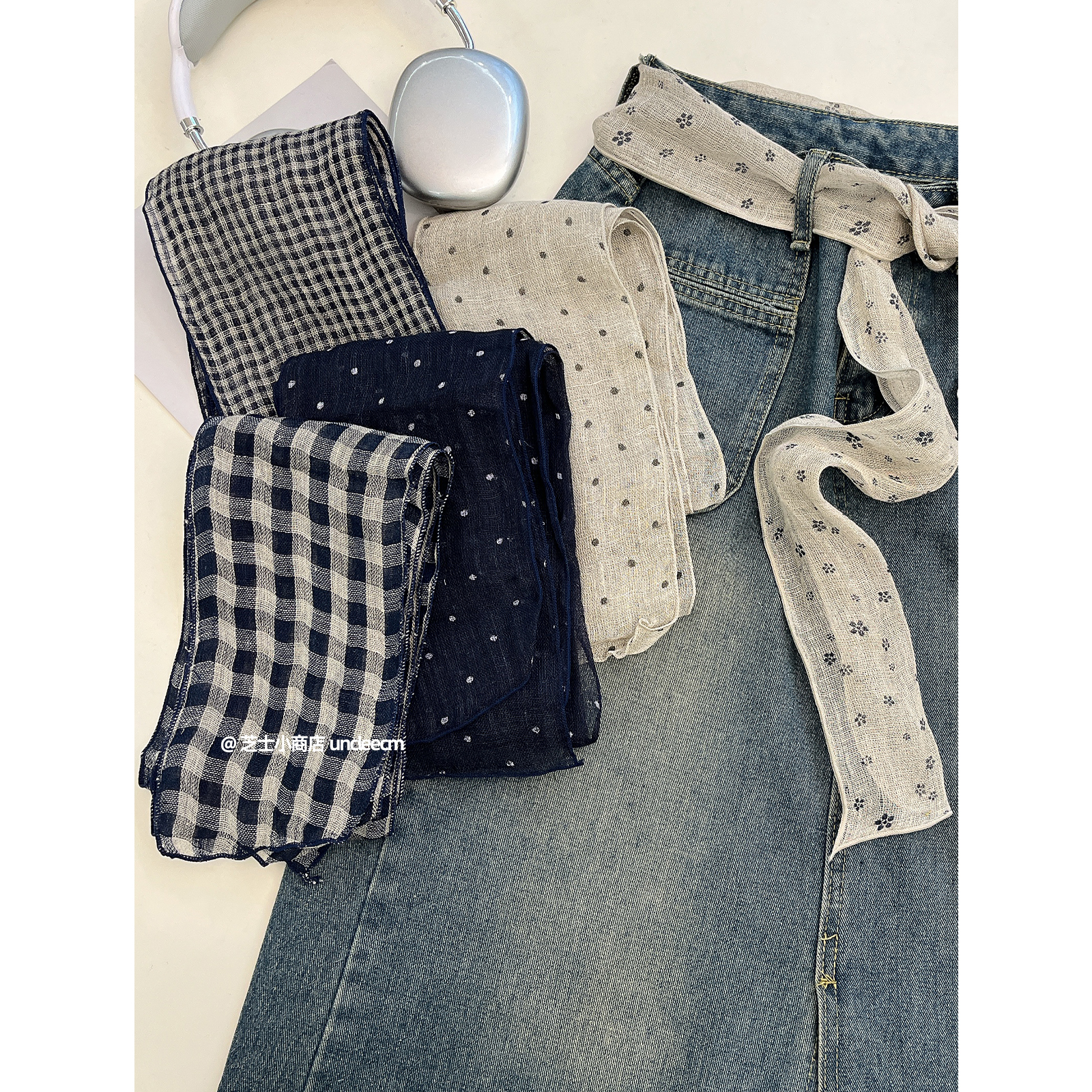 日系棉麻条纹波点围巾女2025新款高级感复古长条丝巾围巾脖颈装饰