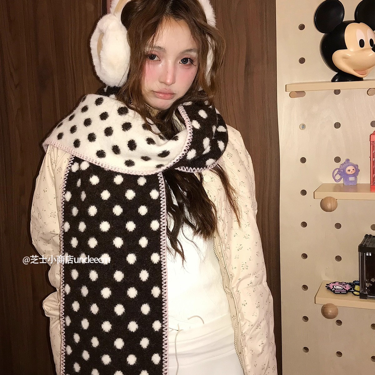 韩系ins风波点毛绒针织双面围巾女秋冬保暖百搭学生情侣款围脖潮