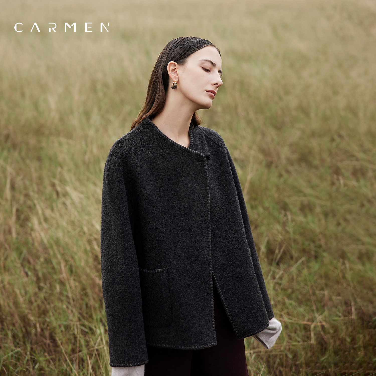 卡蔓高端老钱风双面毛呢外套女2025冬季百搭气质短款羊毛呢子大衣