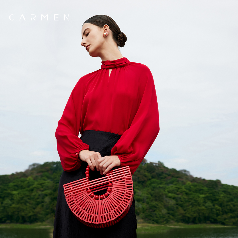 Carmen高端新年红色桑蚕丝衬衫女长袖25秋季设计感OL气质真丝上衣