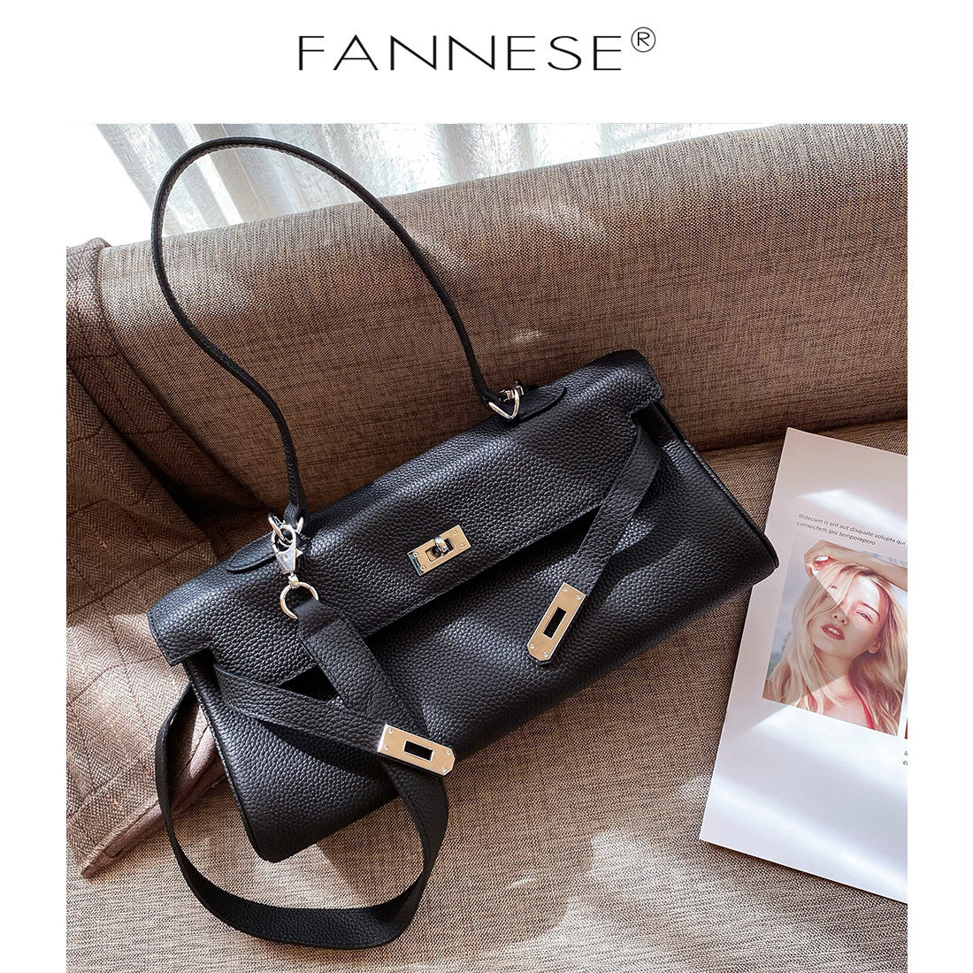 2020新款高品质TOGO真皮头层牛皮荔枝纹大容量凯莉包长型腋下包女