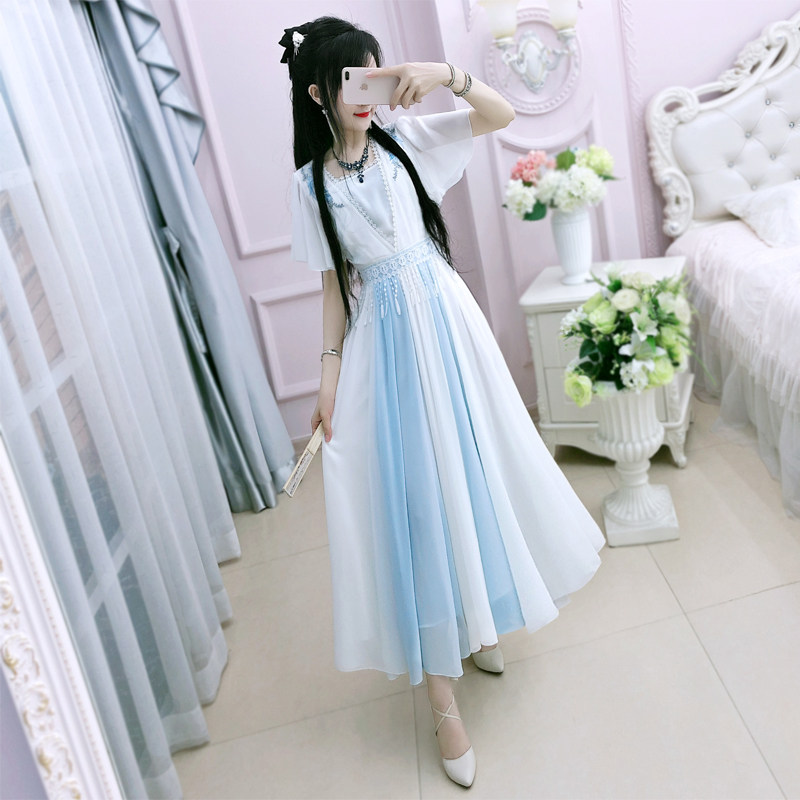七七之缘蓝白国风长裙新款夏改良汉服收腰仙女超仙甜美连衣裙