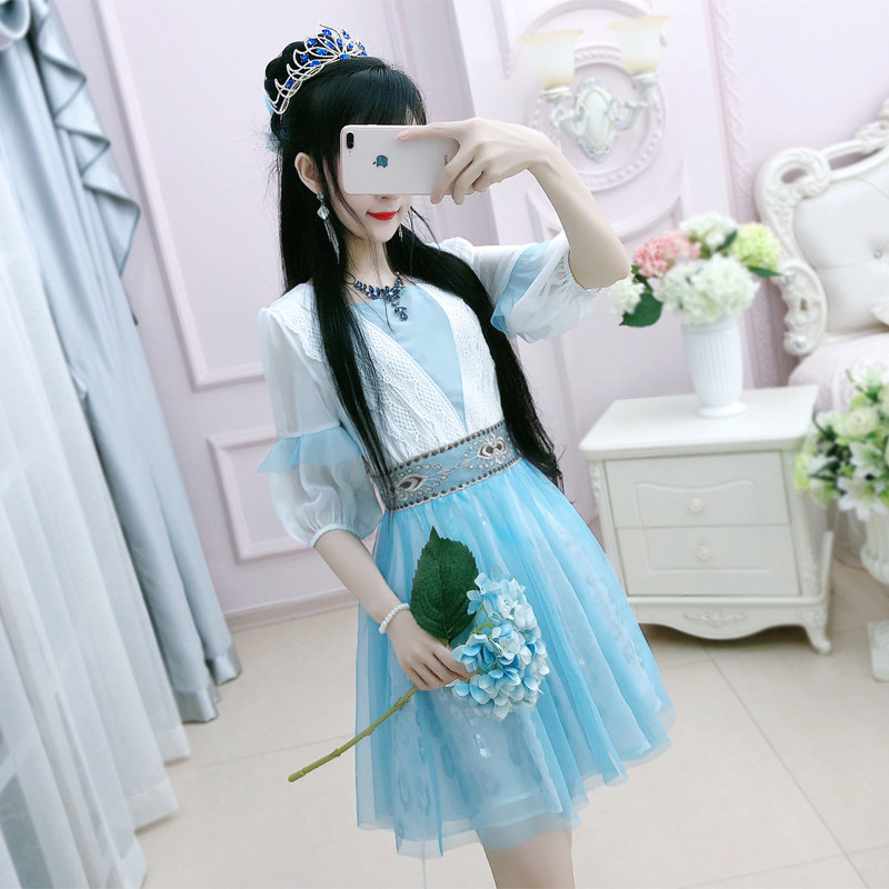 七七之缘2019夏装新款女装 蓝白拼色原创民族国风甜美修身连衣裙