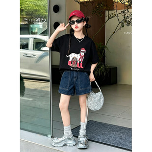 壹妈中大童女童黑色卡通短袖t恤夏季初中生美式复古印花纯棉上衣