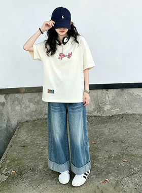 壹妈女童夏套装中大童卡通印花短袖卷边阔腿牛仔裤初中生两件套
