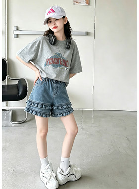 壹妈8-14岁女中大童夏薄款裤子双层木耳边百搭裤子荷叶边牛仔短裤