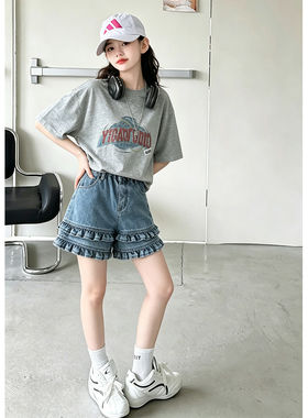 壹妈女童夏季牛仔短裤T恤两件套