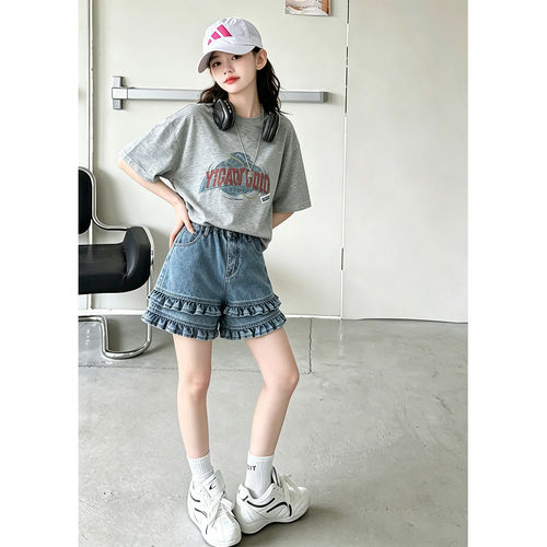 壹妈女童夏季牛仔短裤T恤两件套