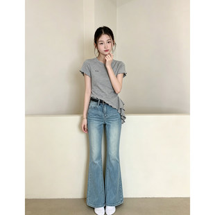 壹妈女童夏套装中大童学生荷叶边短袖上衣显瘦微喇牛仔长裤两件套