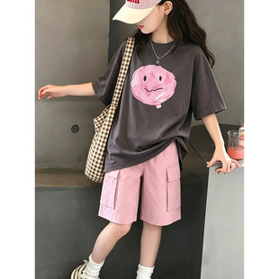 壹妈女童短袖t恤夏季中大童深灰色可爱粉色笑脸印花宽松圆领上衣