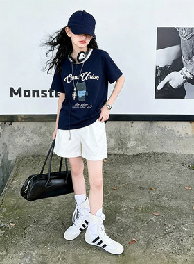壹妈学院风女童夏套装中大童潮酷小熊印花t恤百搭休闲短裤两件套