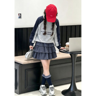 壹妈女大童套装秋季撞色长袖卫衣藏青格纹蛋糕短裙初中女生两件套