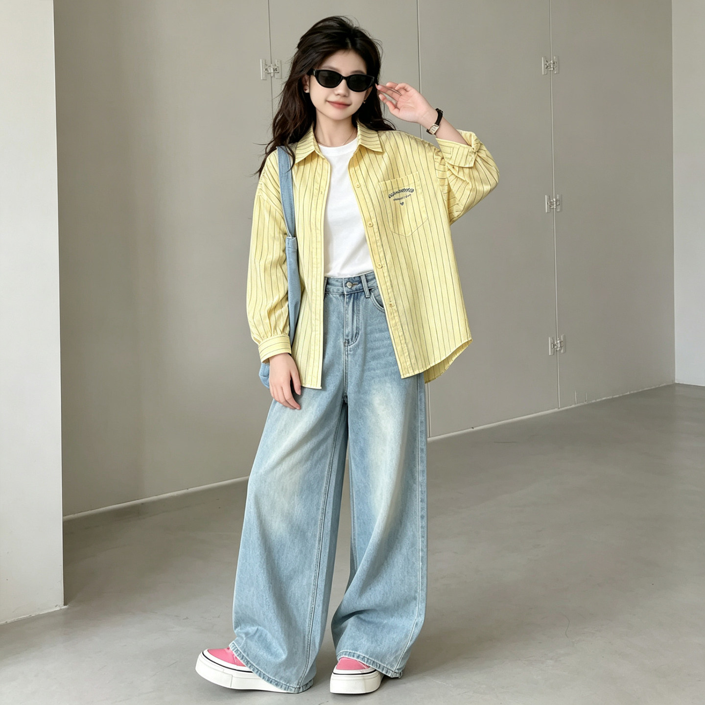 壹妈女大童秋季衬衫牛仔裤两件套