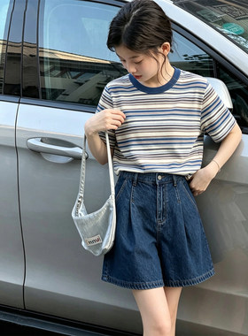 壹妈女童牛仔短裤夏季薄款中大童洋气休闲宽松蓝色五分短裤两件套