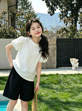 壹妈女大童夏季白色泡泡袖T恤