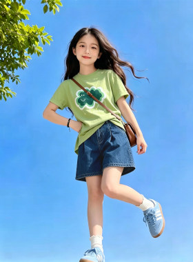 壹妈女童夏套装中大童卡通笑脸印花绿色短袖牛仔短裤初中生穿搭