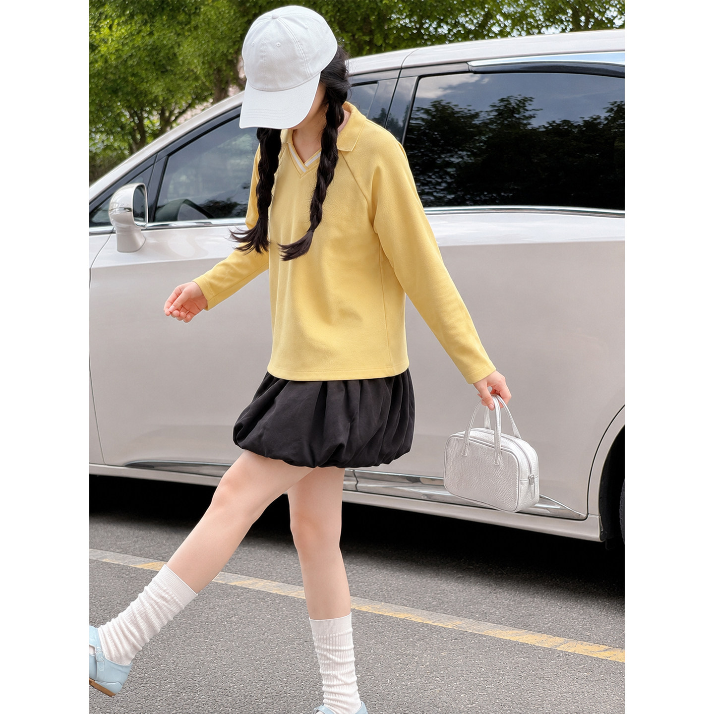 壹妈女大童秋季套装韩系初中女孩洋气黄色V领卫衣黑色花苞半身裙
