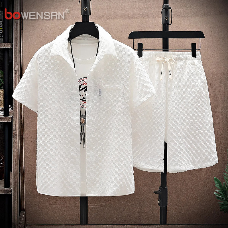 冰丝华夫格短袖T恤男士套装2025新款夏季短裤男装搭配一套痞帅气