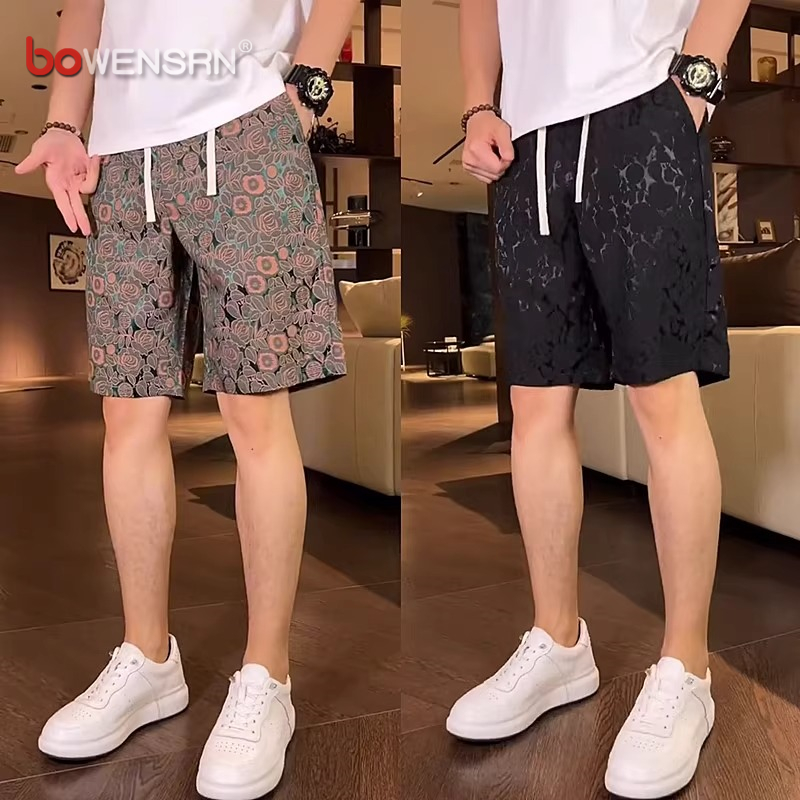 提花冰丝短裤男士2025新款夏季外穿潮流痞帅休闲 沙滩五分裤子男