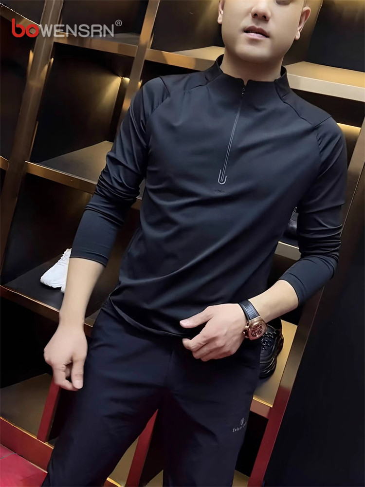 高端男士长袖t恤2025新款春秋潮流半拉炼卫衣男款打底衫冬季加绒