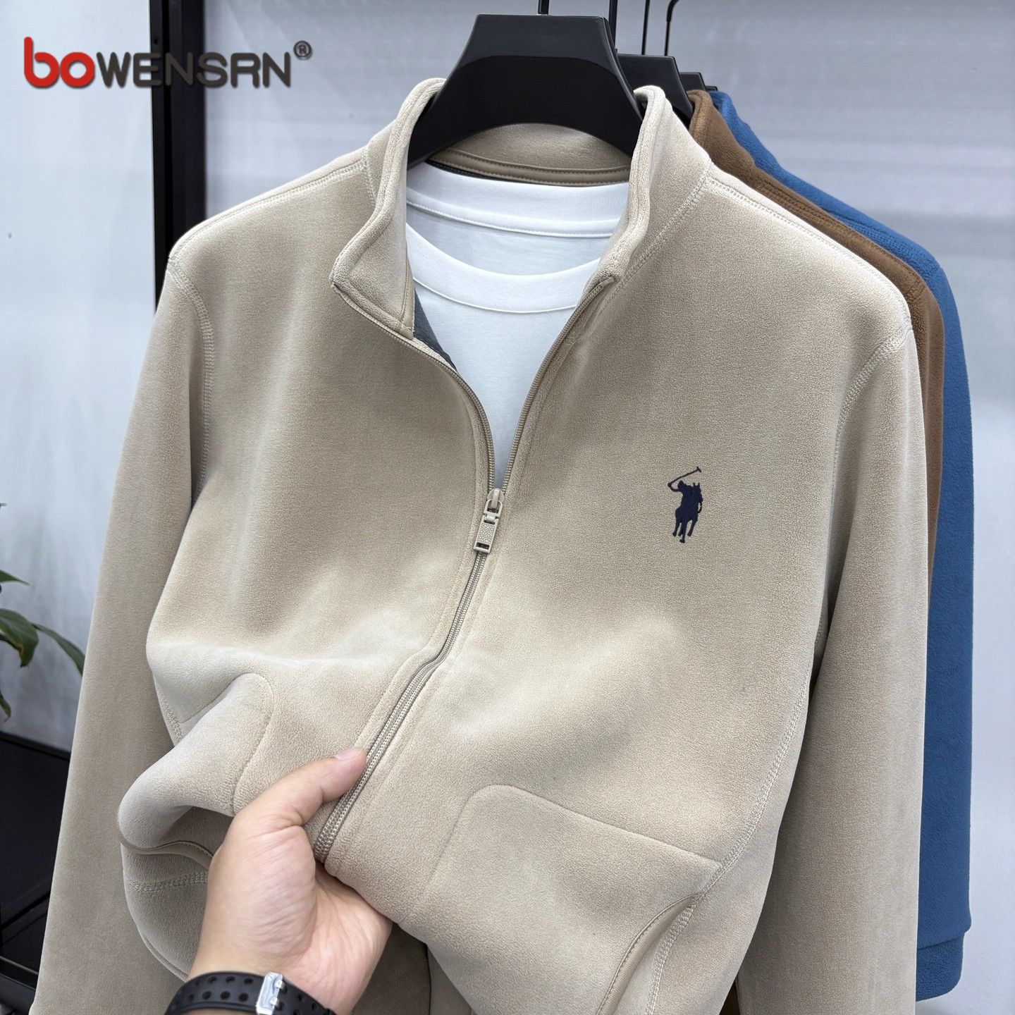 保罗摇粒绒立领夹克外套男士2025新款秋冬季抓绒保暖拉链开衫男款