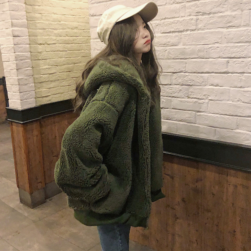 加厚保暖连帽羊羔毛绒开衫女冬季新款韩版宽松百搭毛毛外套学生潮