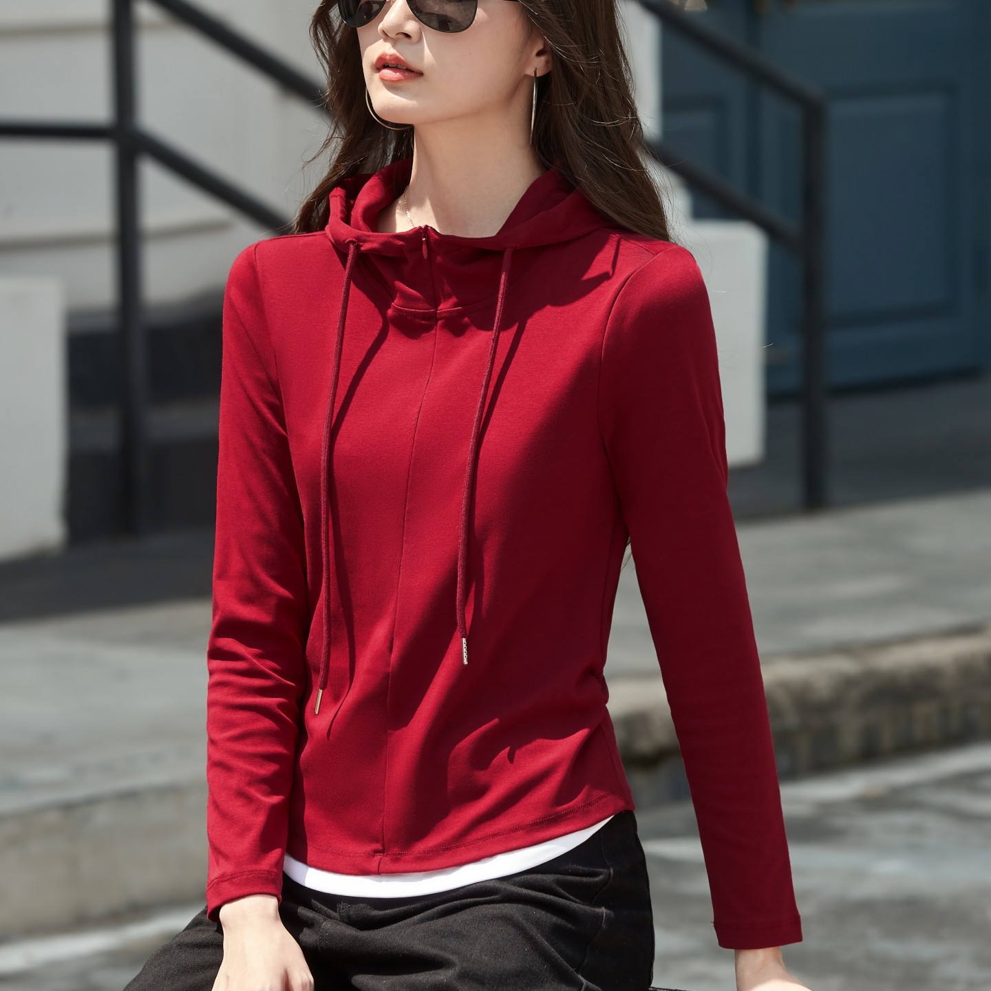 假两件拉链连帽长袖t恤女春秋新款高级感打底衫内搭休闲运动上衣