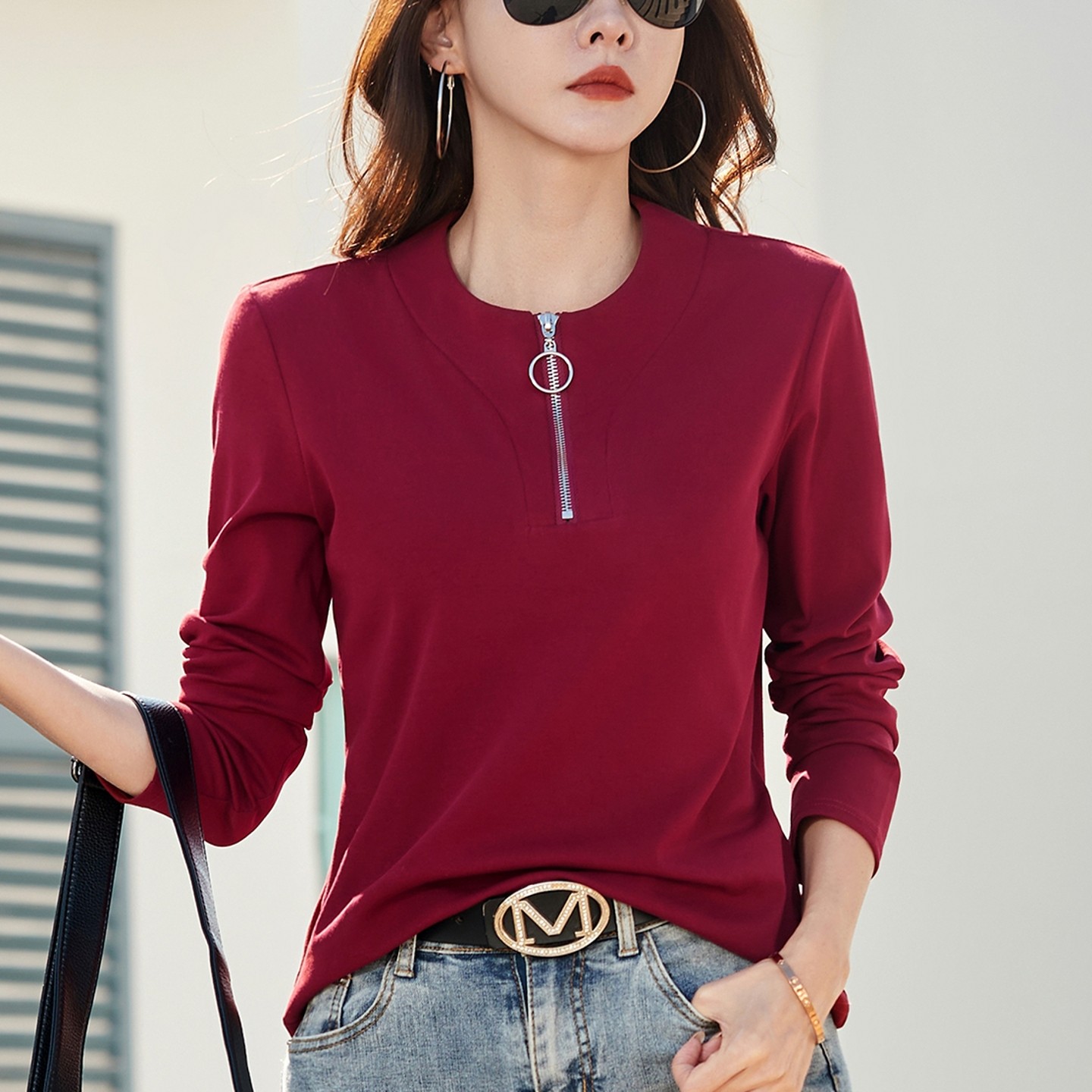 长袖t恤女春秋2026新款宽松休闲半拉链打底衫女士可外穿正肩上衣