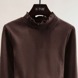 长袖 木耳边洋气修身 t恤 女内搭秋冬2025新款 磨毛纯棉半高领打底衫